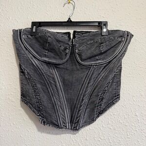 Fashion Nova Black Grey Wash Denim‎ Corset Top Bustier Zip Front women's 2X boho